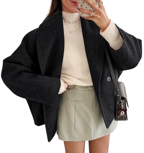 Womens Cropped Pea Coats Oversized Wool Blend Short Jackets Lapel Double Breasted Fall Winter Outerwear Outfits