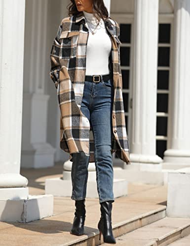 Women’s Long Plaid Shacket Wool Blend Button Down Shirt Jacket Coat with Pockets