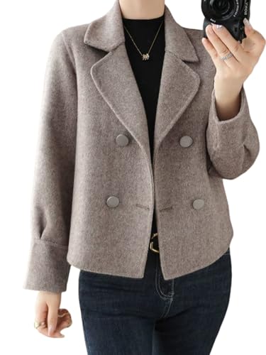 Womens Cropped Wool Coats Notched Lapel Pea Coat Short Jacket Button Down Crop Blazer Jackets