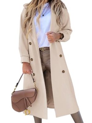 Women's Long Coat Notched Lapel Collar Double Breasted Pea Coat Winter Elegant Wool Blend Over Coats Jackets