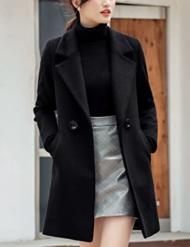 Womens Elegant Notched Collar Button Wool Blend Solid Long Pea Coat Overcoat
