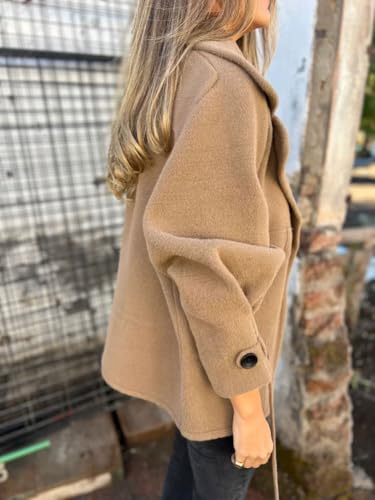 Women's Retro Lapel Double Breasted Wool Coat Business Casual Wool Blend Pea Coat Overcoat