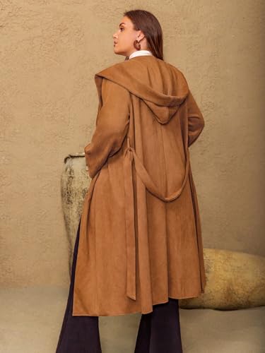 Women's Plus Size Hooded Trench Coat Faux Suede Long Wrap Coat Elegant Belted Fall Winter Outwear