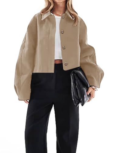 Womens Cropped Pea Coat Casual Button Down Short Jackets Fall Winter Outerwear