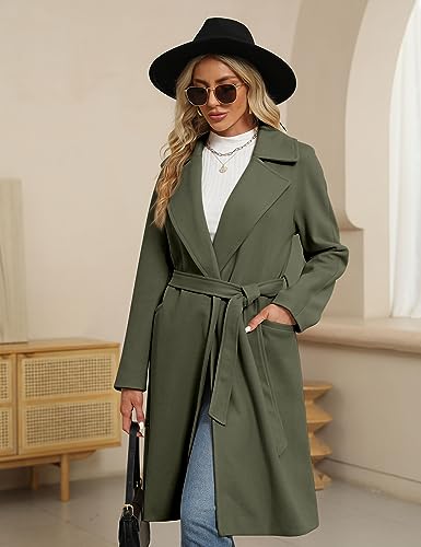 Women's Trench Coat Long Wool Blend Pea Coat Winter Casual Overcoat Notched Lapel Collar Belted Long Jacket Outerwear