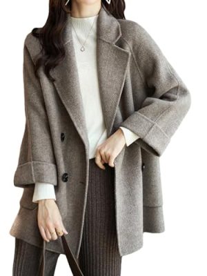 Women Wool Coat Peacoat Jacket Thick Loose Double Breasted Pea Coat Woolen Winter Overcoat