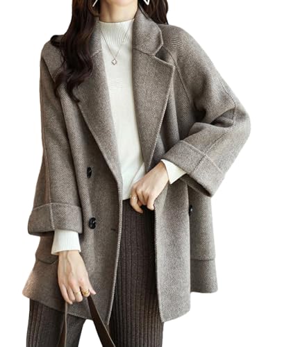 Women Wool Coat Peacoat Jacket Thick Loose Double Breasted Pea Coat Woolen Winter Overcoat