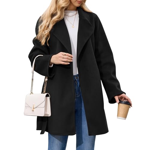 Women's Wool Blend Coat with Pockets Mid-Long Winter Overcoat, Thick Wool & Pea Coats jacket with Belt