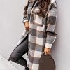 Womens Plaid Shacket Brushed Flannel Shirt Jacket Mid Long Wool Blend Tartan Coat