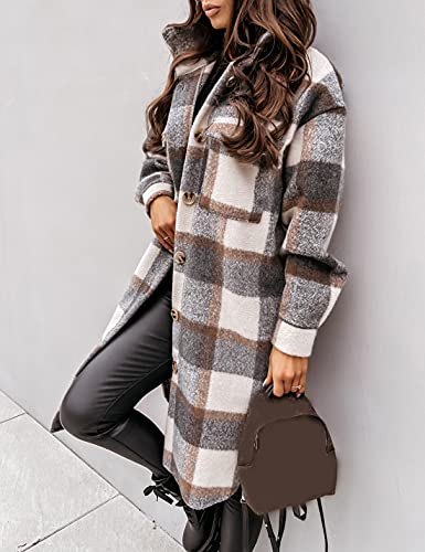 Womens Plaid Shacket Brushed Flannel Shirt Jacket Mid Long Wool Blend Tartan Coat