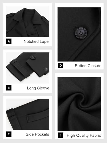 Womens Cropped Pea Coat Double Breasted Dressy Casual Notched Lapel Wool Blend Overcoat with Belt