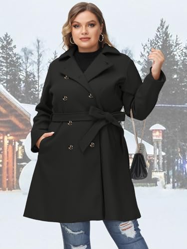 Women Plus Size Double Breasted Wool Pea Coat Notch Lapel Trench Coats Mid Long Winter Outerwear with Belt
