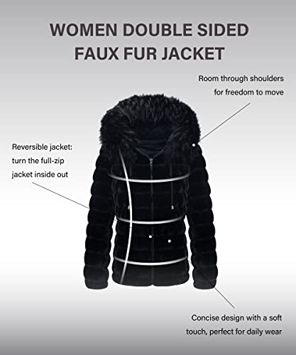 Women Double Sided Faux Fur Jacket Spring and Winter Fashion Reversible Hood Puffer Coat with Fur Collar