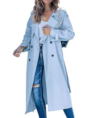 Women's Windproof Trench Coat Notched Lapel Double Breasted Long Overcoat Casual Fall Winter Windbreaker Outerwear