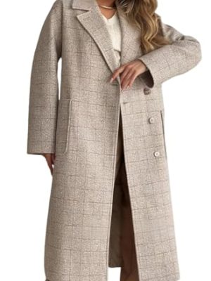 Women Long Winter Plaid Wool Coat Double Breast Trench Pea Coat Overcoat with Belt
