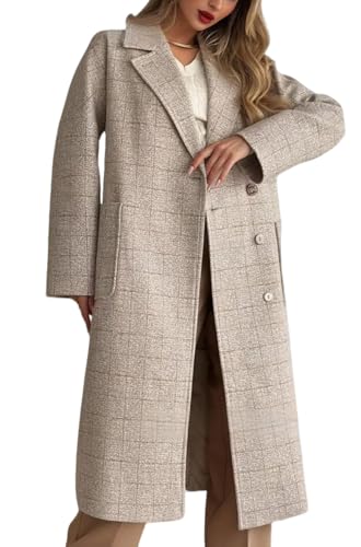 Women Long Winter Plaid Wool Coat Double Breast Trench Pea Coat Overcoat with Belt