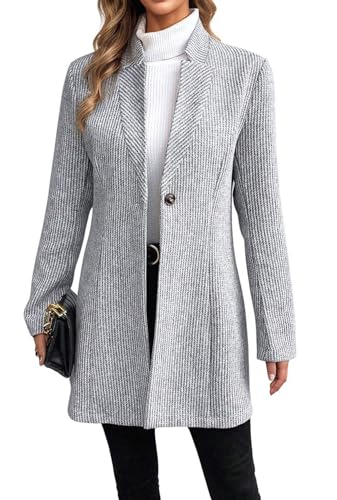 Womens Long Sleeve Casual Wool Jacket Blazer 1 Button Winter Coat Mid-Long Stand Collar Open Front Overcoat