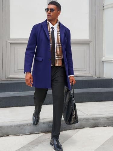 Men's Pea Coat with Detachable Plaid Scarfs Fall Single Breasted Wool Blend Trench Coat Winter Overcoat