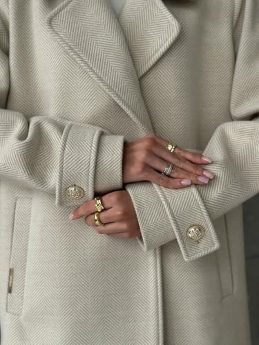 Women's Herringbone Double Breasted Wool Coat Notched Lapel Work Casual Wool Blend Trench Pea Coat Jacket