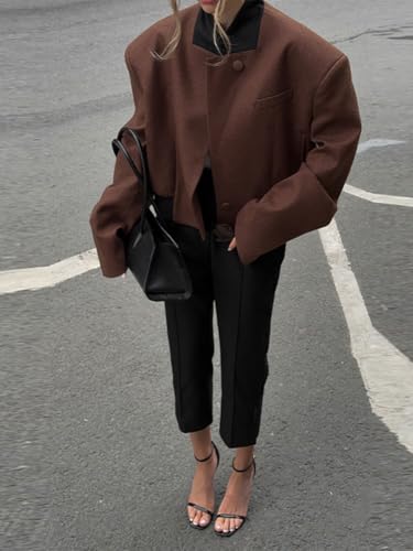 Women's Casual Single Breasted Cropped Wool Blazer Jacket Contrast Collar Wool Blend Short Pea Coat Overcoat