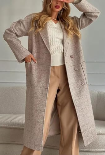 Women Long Winter Plaid Wool Coat Double Breast Trench Pea Coat Overcoat with Belt
