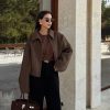 Womens Cropped Wool Jacket Warm Winter Fleece Bomber Jacket Zip Up Short Pea Coats with Pockets