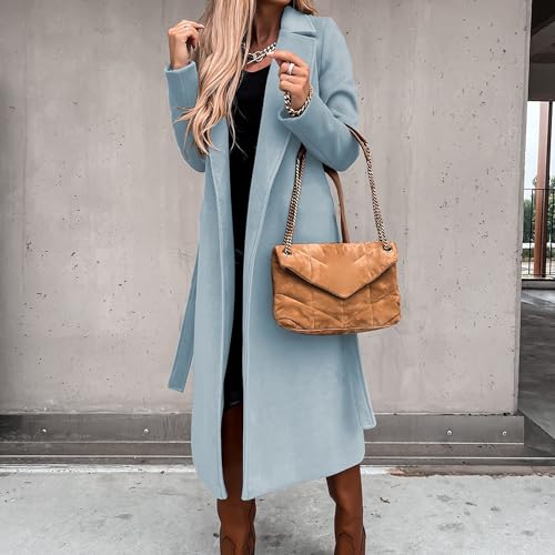 Women's Long Wool Pea Coats with Belt Elegant Lapel Collar Wool Blend Trench Coat Fall Winter Warm Overcoat