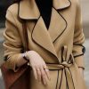 Women's Elegant Lapel Collar Wool Blend Midi-Long Pea Coat Jacket with Belt