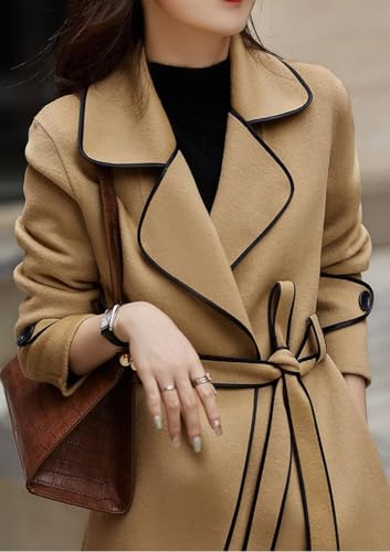 Women's Elegant Lapel Collar Wool Blend Midi-Long Pea Coat Jacket with Belt
