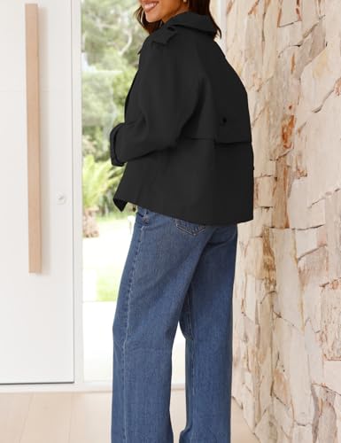 Cropped Trench Coat for Women Spring Fall Trendy Double Breasted Long Sleeve Work Jackets Short Coats
