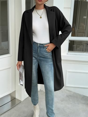 Womens Long Pea Coats Open Front Lapel Jackets Casual Belted Trench Coat Overcoats with Pockets
