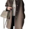 Women's Fall Collarless Single Breasted Midi Long Wool Coat Business Casual Winter Pea Coat