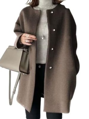 Women's Fall Collarless Single Breasted Midi Long Wool Coat Business Casual Winter Pea Coat