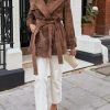 Women Faux Suede Leather Trench Coat Double Breasted Midi Long Pea Coat Overacoat with Belt