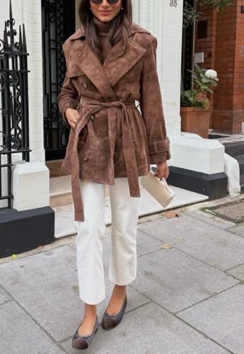 Women Faux Suede Leather Trench Coat Double Breasted Midi Long Pea Coat Overacoat with Belt