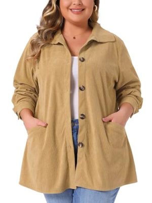 Plus Size Corduroy Shirt for Women Long Sleeve Button Down Blouses Tops Loose Shacket Jacket with Pockets