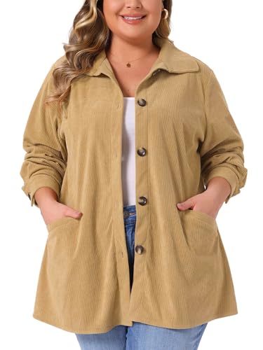 Plus Size Corduroy Shirt for Women Long Sleeve Button Down Blouses Tops Loose Shacket Jacket with Pockets