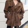 Women Faux Suede Leather Trench Coat Double Breasted Midi Long Pea Coat Overacoat with Belt