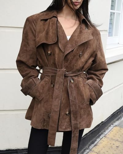 Women Faux Suede Leather Trench Coat Double Breasted Midi Long Pea Coat Overacoat with Belt