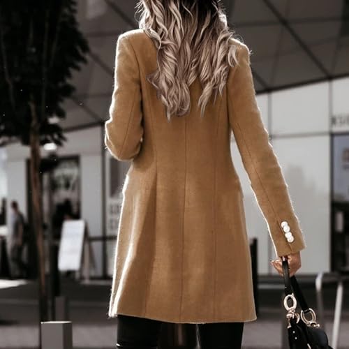 Womens Mid Long Wool Blend Coats Notched Lapel Collar Double Breasted Coat Fall Winter Jackets Overcoat