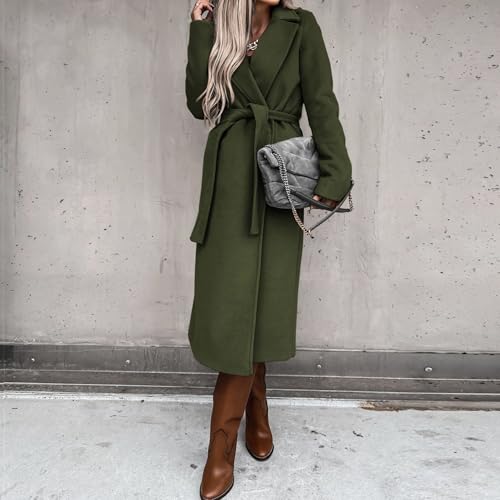 Women's Long Wool Pea Coats with Belt Notched Lapel Trench Coat for Women Fall Winter Warm Overcoat
