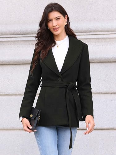 Pea Coats for Women Lapel Collar One Button Winter Overcoat with Belt Trench Coat