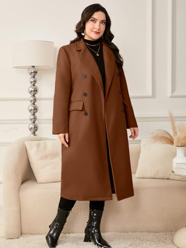 Women's Plus Size Wool Pea Coat Double Breasted Notch Lapel Collar Fall Winter Classic Long Trench Coat