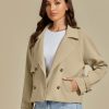 Cropped Trench Coat for Women Long Sleeve Double Breasted Notched Lapel Casual Loose Fit Jackets with Pockets