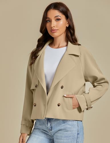 Cropped Trench Coat for Women Long Sleeve Double Breasted Notched Lapel Casual Loose Fit Jackets with Pockets