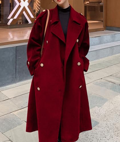 Women's Winter Trench Coat Wool Blend Double Breasted Notched Lapel Long Sleeve Jacket Pea Coat Overcoat