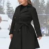 Women Plus Size Double Breasted Wool Pea Coat Notch Lapel Trench Coats Mid Long Winter Outerwear with Belt