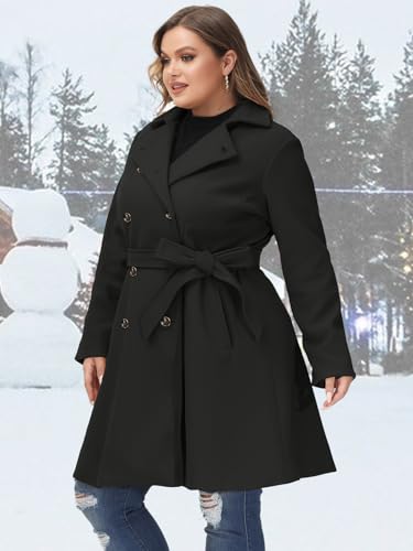 Women Plus Size Double Breasted Wool Pea Coat Notch Lapel Trench Coats Mid Long Winter Outerwear with Belt