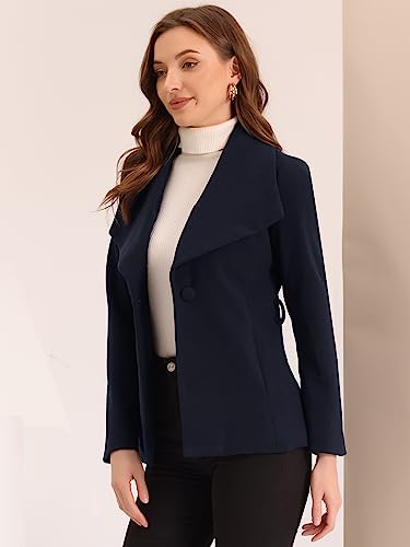Short Pea Coat for Women's Buttoned Winter Belted Slant Pockets Shawl Lapel Collar Coats