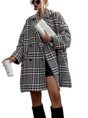 Womens Oversized Blazed Collar Double Breasted Overcoat Thick Plaid Pea Coat Jacket Long Trench Coat